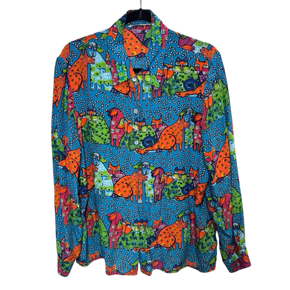 Nicole Taylor Blouse Cats Dogs Beaded 100% Silk Rare Laurel Burch Shirt Size L
